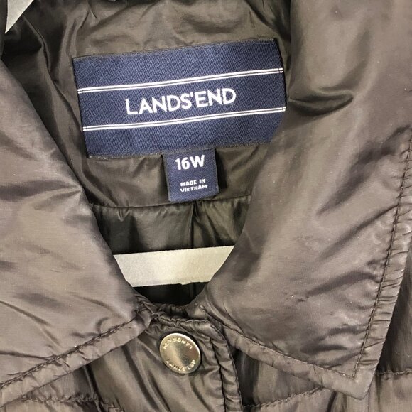 Lands' End Black Long Puffer Coat Women's 16W Snap Button Fall Winter Warm Cozy - Picture 5 of 12